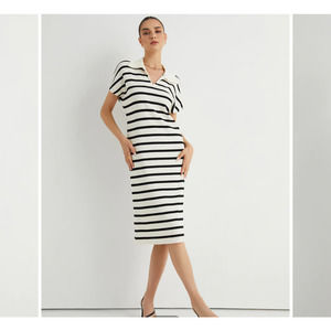 Commense Midi Dress Stripe Collared Black White Stretch Casual Prep School